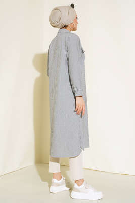 Önden Düğmeli Çizgili Gofre Tunik Siyah - Yılın Fırsatı