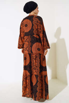 Önden Düğmeli Desenli Elbise Taba - Tesettür Elbise