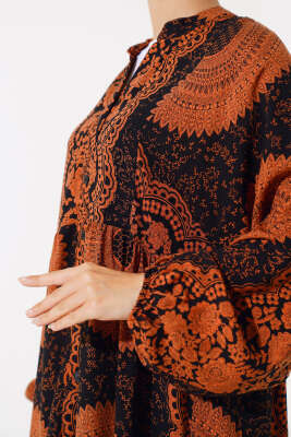 Önden Düğmeli Desenli Elbise Taba - Tesettür Elbise