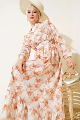 Önden Düğmeli Ebruli Desenli Elbise Kahve - NESSİA