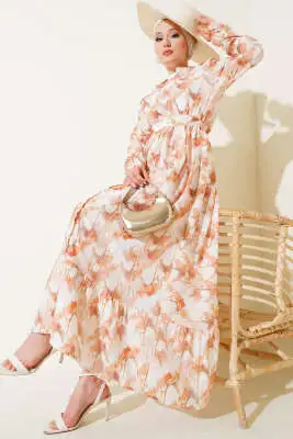 Önden Düğmeli Ebruli Desenli Elbise Kahve - Tesettür Elbise