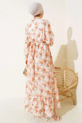 Önden Düğmeli Ebruli Desenli Elbise Kahve - Tesettür Elbise