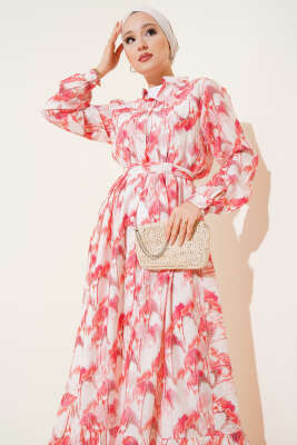 Önden Düğmeli Ebruli Desenli Elbise Kırmızı - Tesettür Elbise