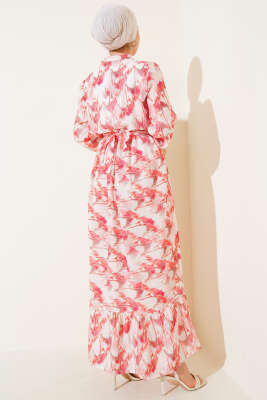 Önden Düğmeli Ebruli Desenli Elbise Kırmızı - Tesettür Elbise