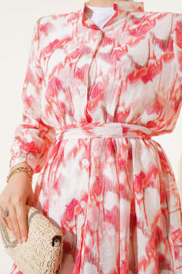 Önden Düğmeli Ebruli Desenli Elbise Kırmızı - Tesettür Elbise