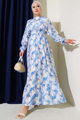 Önden Düğmeli Ebruli Desenli Elbise Mavi 