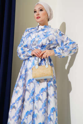 Önden Düğmeli Ebruli Desenli Elbise Mavi - Tesettür Elbise
