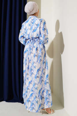 Önden Düğmeli Ebruli Desenli Elbise Mavi - Tesettür Elbise