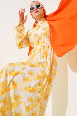 Önden Düğmeli Ebruli Desenli Elbise Sarı 