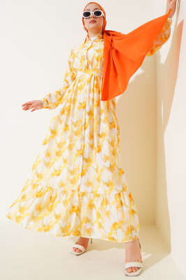 Önden Düğmeli Ebruli Desenli Elbise Sarı - Tesettür Elbise