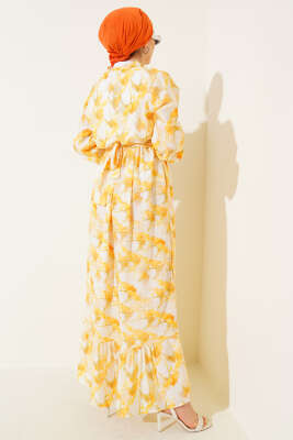 Önden Düğmeli Ebruli Desenli Elbise Sarı - Tesettür Elbise