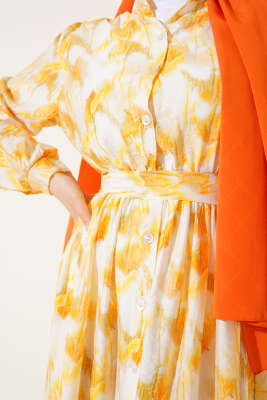 Önden Düğmeli Ebruli Desenli Elbise Sarı - Tesettür Elbise