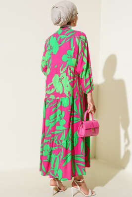 Önden Düğmeli Karışık Desen Elbise Fuşya Yeşil - Elbise