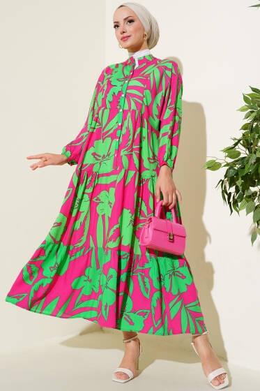 Önden Düğmeli Karışık Desen Elbise Fuşya Yeşil - Elbise