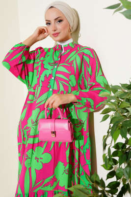 Önden Düğmeli Karışık Desen Elbise Fuşya Yeşil - Elbise