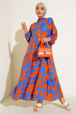 Önden Düğmeli Karışık Desen Elbise Saks Oranj - TİLLE