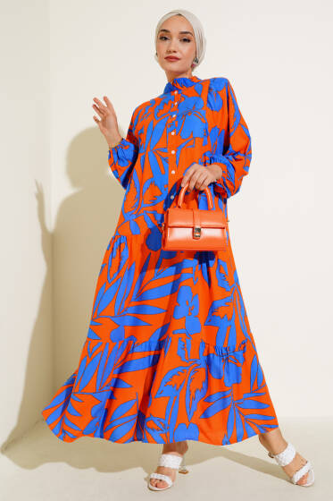 Önden Düğmeli Karışık Desen Elbise Saks Oranj - Elbise