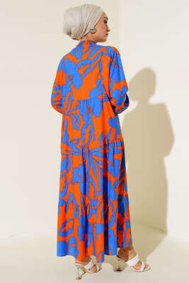 Önden Düğmeli Karışık Desen Elbise Saks Oranj - Elbise