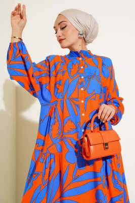 Önden Düğmeli Karışık Desen Elbise Saks Oranj - Elbise