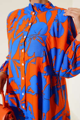 Önden Düğmeli Karışık Desen Elbise Saks Oranj - Elbise