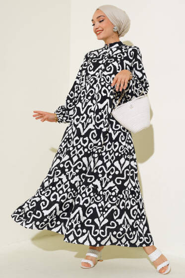 Önden Düğmeli Karışık Desen Elbise Siyah - Elbise