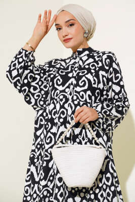 Önden Düğmeli Karışık Desen Elbise Siyah - Elbise