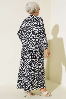 Önden Düğmeli Karışık Desen Elbise Siyah - Tesettür Elbise