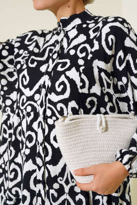 Önden Düğmeli Karışık Desen Elbise Siyah - Tesettür Elbise