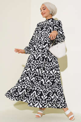 Önden Düğmeli Karışık Desen Elbise Siyah 