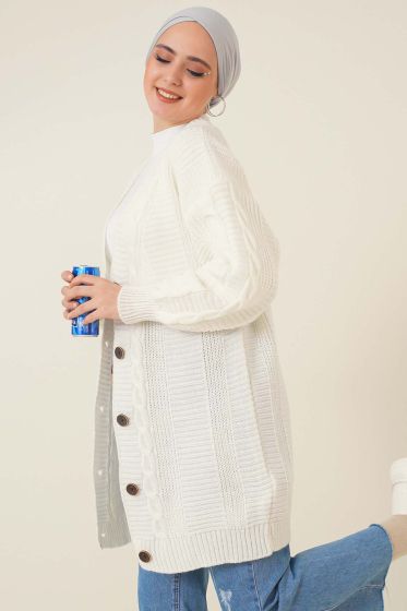 Önden Düğmeli Örgü Hırka Ekru - Triko Hırka