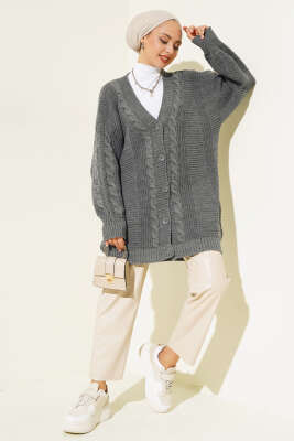 Önden Düğmeli Örgü Hırka Füme - Triko Hırka