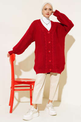 Önden Düğmeli Örgü Hırka Kırmızı - Triko Hırka