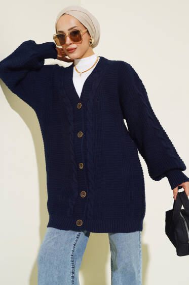 Önden Düğmeli Örgü Hırka Lacivert - Triko Hırka