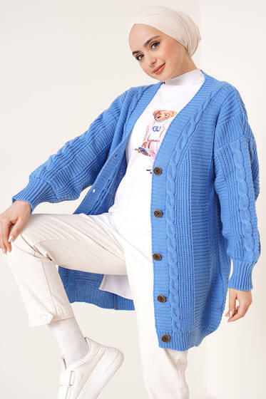 Önden Düğmeli Örgü Hırka Mavi - Triko Hırka