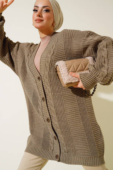 Önden Düğmeli Örgü Hırka Vizon - Triko Hırka