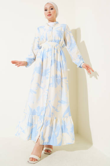 Önden Düğmeli Yaprak Desenli Elbise Mavi - Elbise