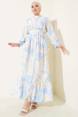 Önden Düğmeli Yaprak Desenli Elbise Mavi 