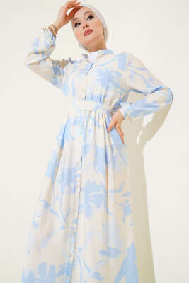 Önden Düğmeli Yaprak Desenli Elbise Mavi - Tesettür Elbise