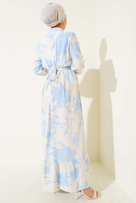 Önden Düğmeli Yaprak Desenli Elbise Mavi - Tesettür Elbise