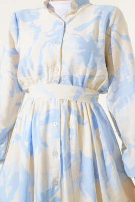 Önden Düğmeli Yaprak Desenli Elbise Mavi - Tesettür Elbise