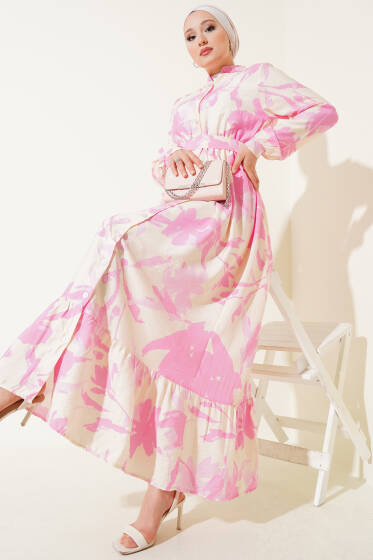 Önden Düğmeli Yaprak Desenli Elbise Pembe - Elbise