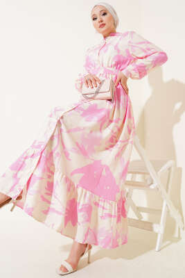 Önden Düğmeli Yaprak Desenli Elbise Pembe - NESSİA