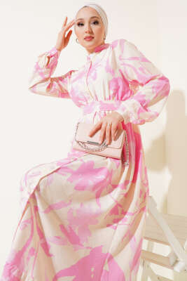 Önden Düğmeli Yaprak Desenli Elbise Pembe - Tesettür Elbise