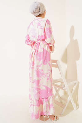 Önden Düğmeli Yaprak Desenli Elbise Pembe - Tesettür Elbise