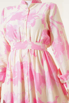 Önden Düğmeli Yaprak Desenli Elbise Pembe - Tesettür Elbise