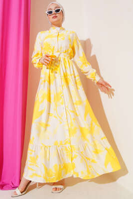 Önden Düğmeli Yaprak Desenli Elbise Sarı 