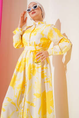 Önden Düğmeli Yaprak Desenli Elbise Sarı - Tesettür Elbise