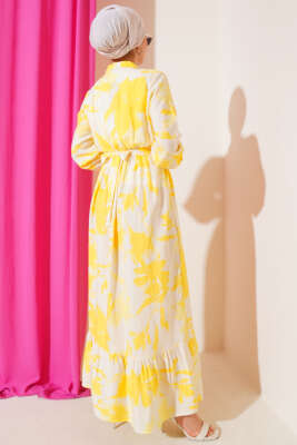 Önden Düğmeli Yaprak Desenli Elbise Sarı - Tesettür Elbise