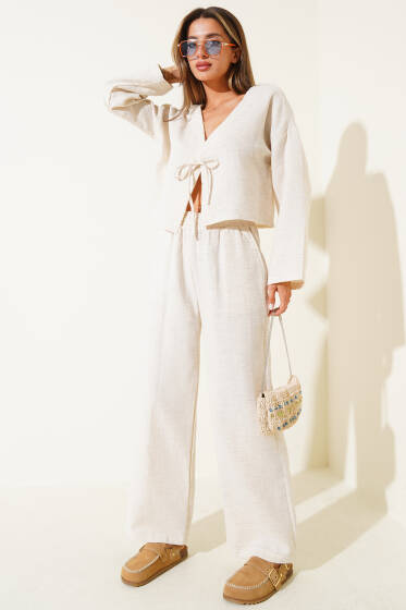 Önden İp Bağcıklı Uzun Kollu İkili Takım Bej - Kadın Giyim Modelleri