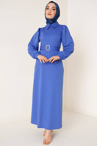 Önlük Yaka Scuba Elbise İndigo - Tesettür Elbise